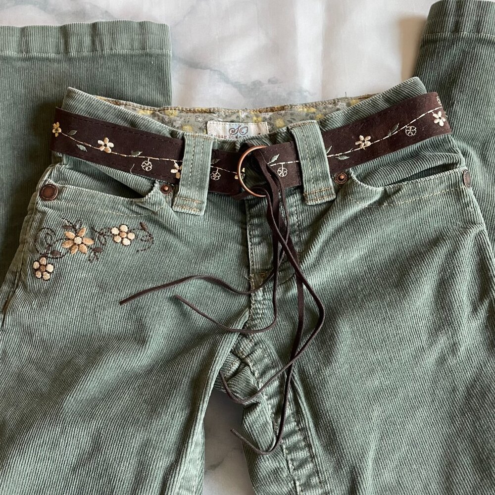 RARE VTG SO Y2K Green Corduroy Flare Pants w/ Matching Embroidered Belt Girls 7